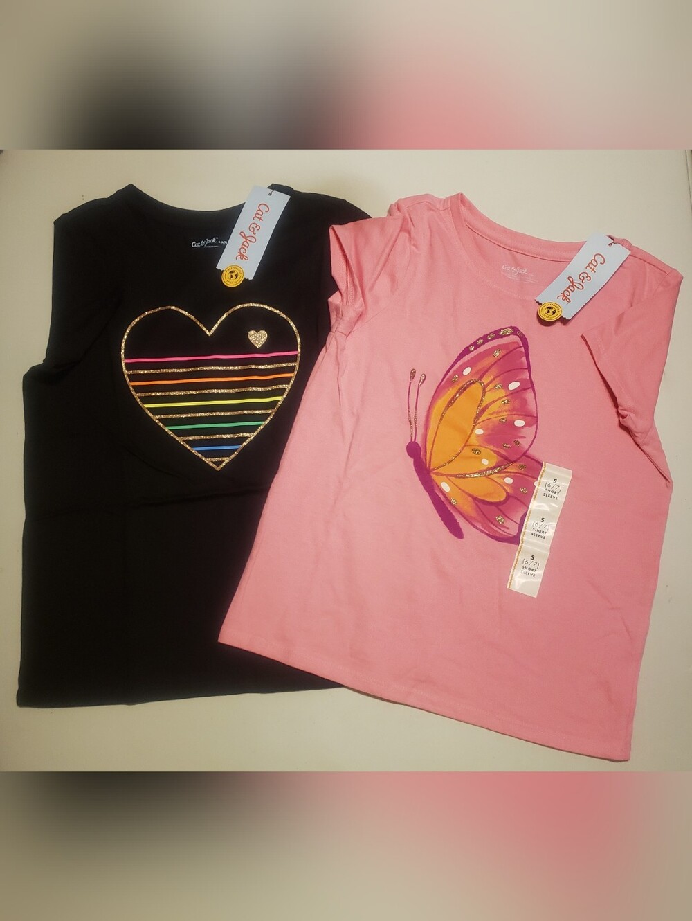 Cat & Jack Pink Butterfly and Black Heart Stripe Short Sleeve Tees